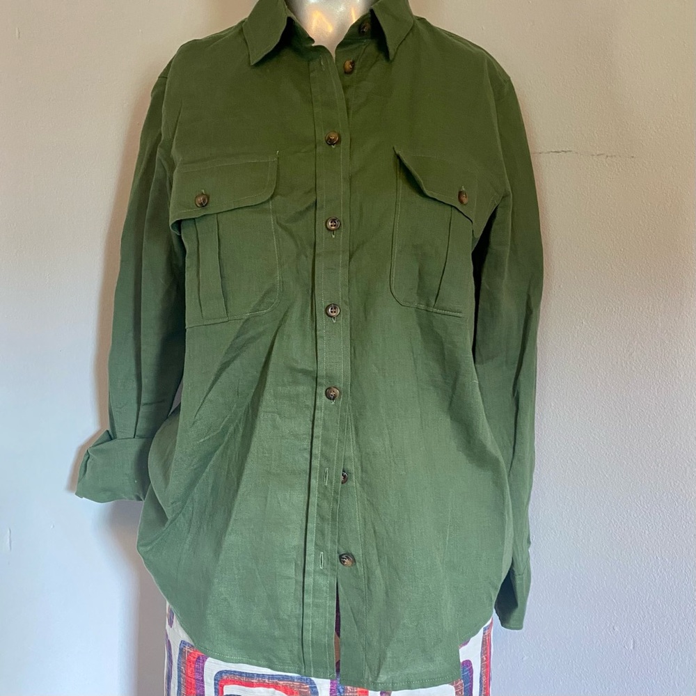 J crew new linen army green cargo button down